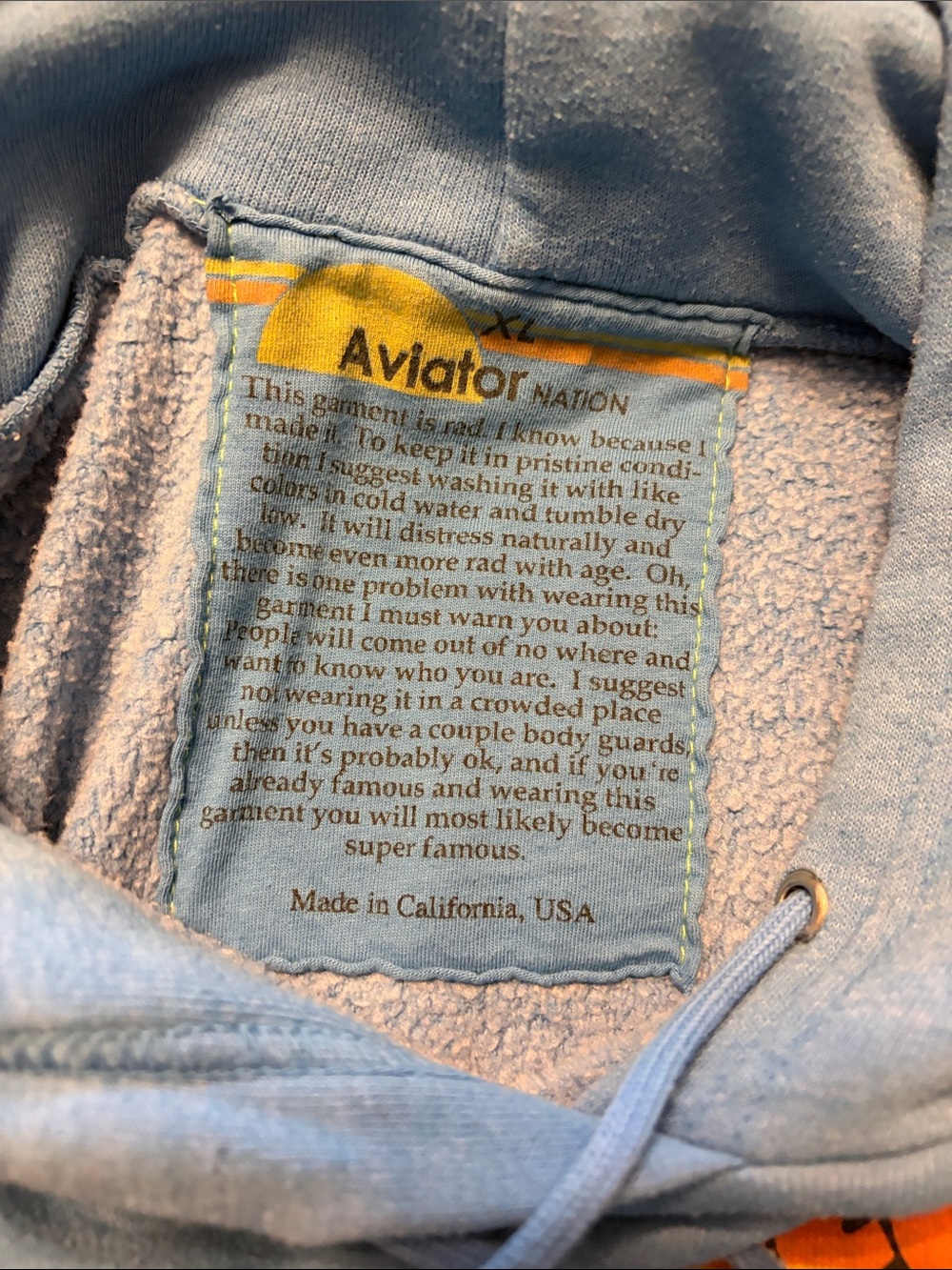 Aviator Nation Sky Blue Hoodie with Retro Red and Yellow Rolling Stone Logo - Picture 3 of 3